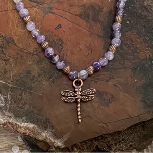 New Beautiful Amethyst & Copper Beaded Dragonfly Tierracast Choker Necklace